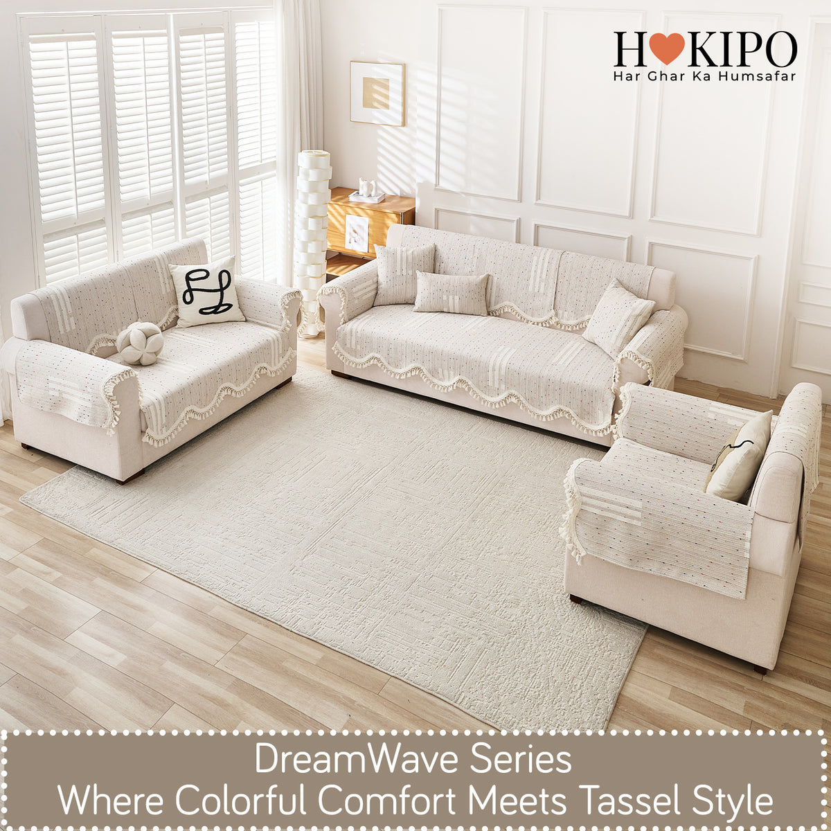 DreamWave Chenille with Tassels Sofa Cover Mat, Pastel Sand