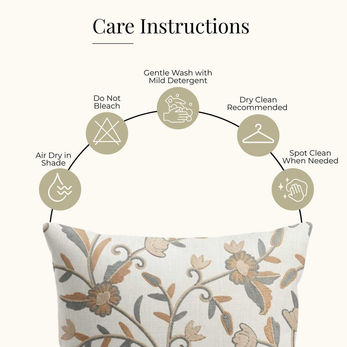 HOKIPO Floral Embroidered Cushion Cover 16x16 Inch, Ochre & Brown