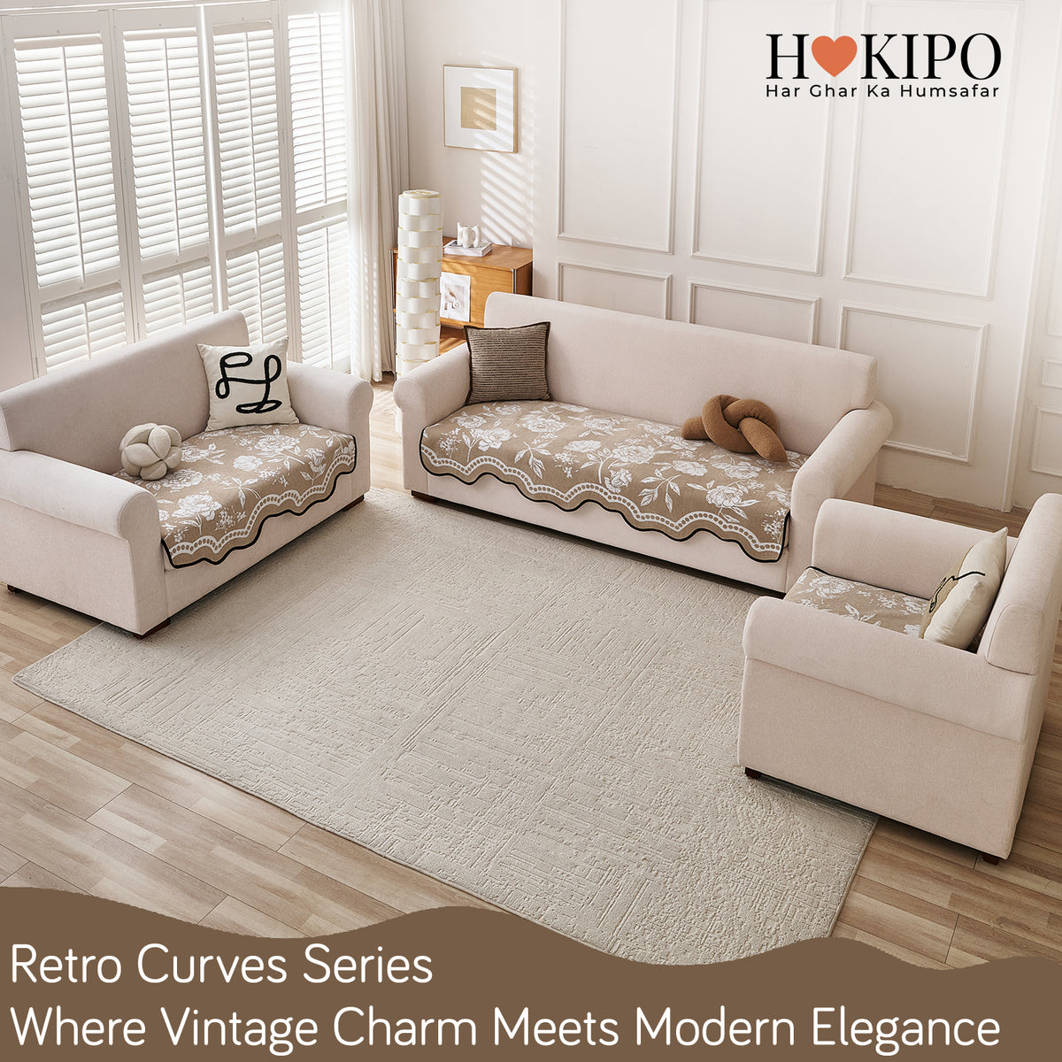Chenille Sofa Cover Mat with Curvy Edges, 'Retro Curves Series' Sofa Mat, Sand Beige