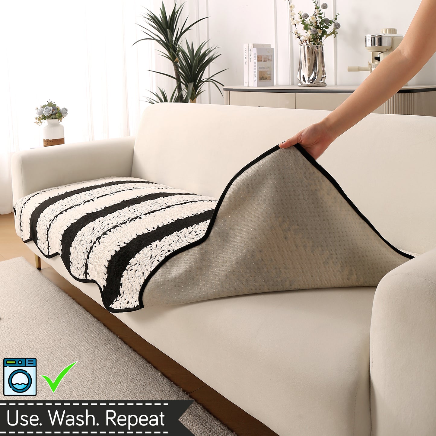 Luxury Wavy Plush Anti-Slip Sofa Cover Mats - Black