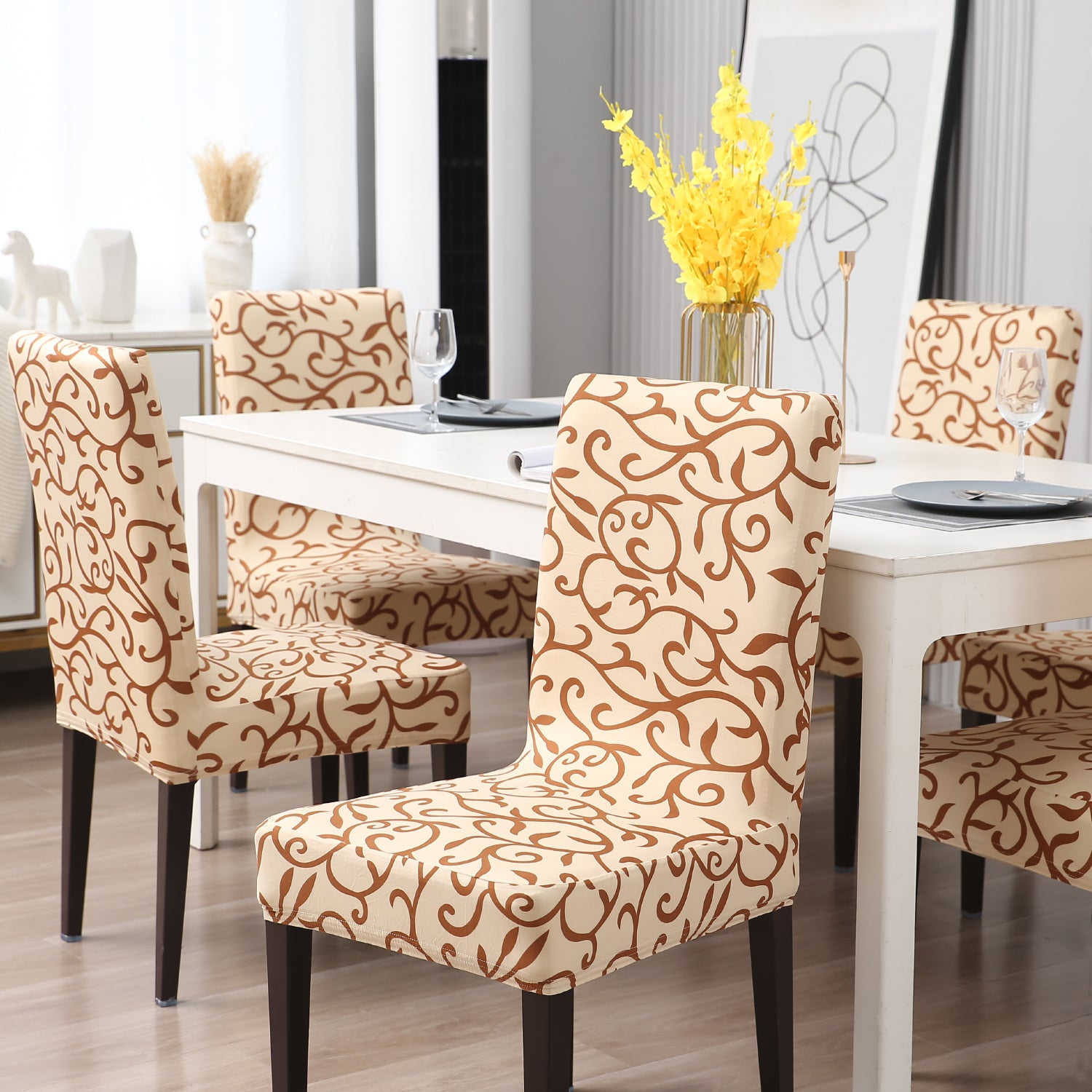 Elastic Stretchable Dining Chair Cover, Beige Vines