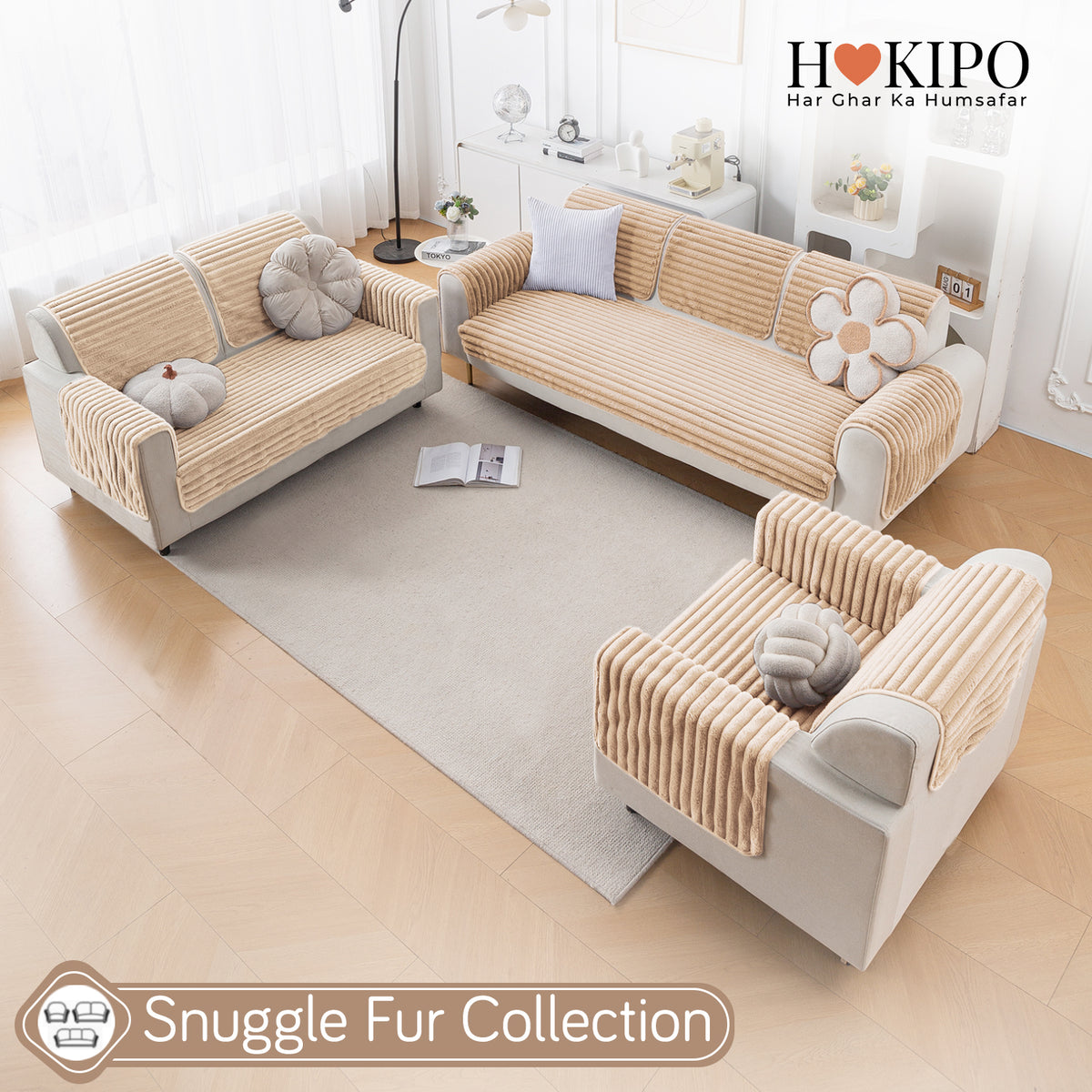 Faux Rabbit Fur Plush Anti-Slip Sofa Mat |Snuggle Fur Sand Brown