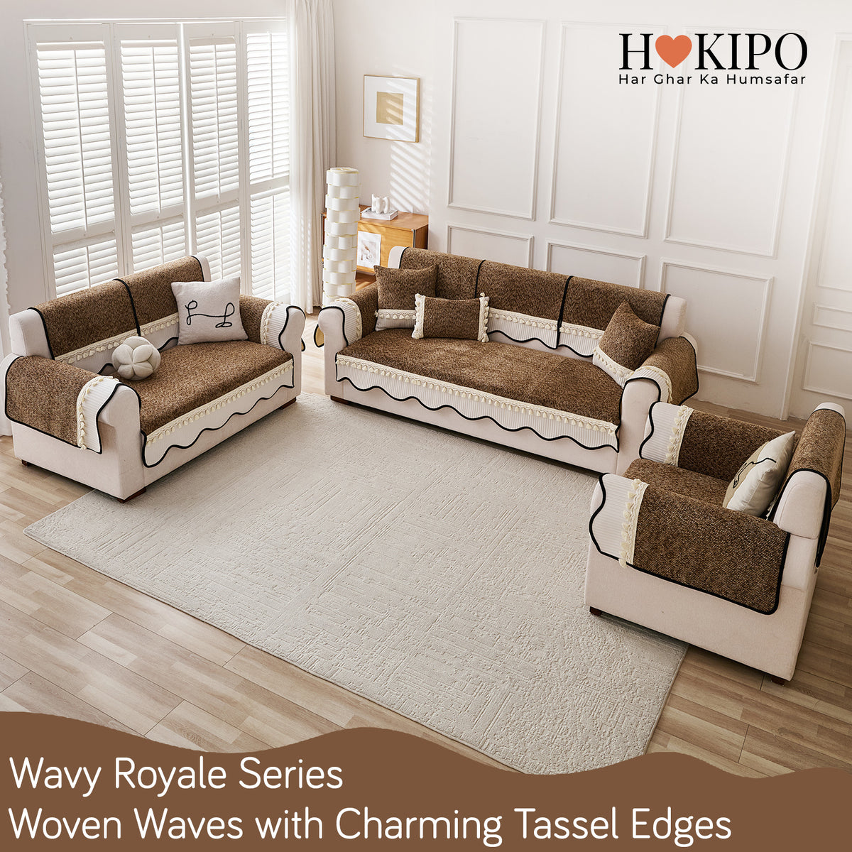 'Wavy Royale Series' Thick Woven Weave Chenille Sofa Cover with Tassel, Chestnut Brown