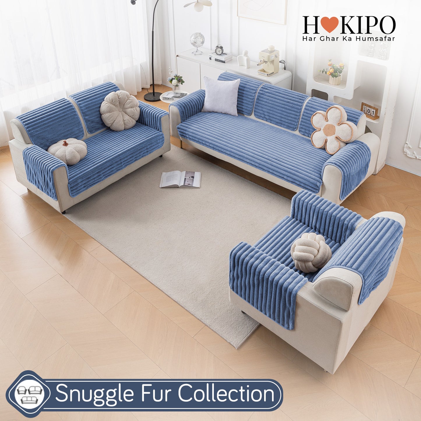Faux Rabbit Fur Plush Anti-Slip Sofa Mat |Snuggle Fur Denim Blue