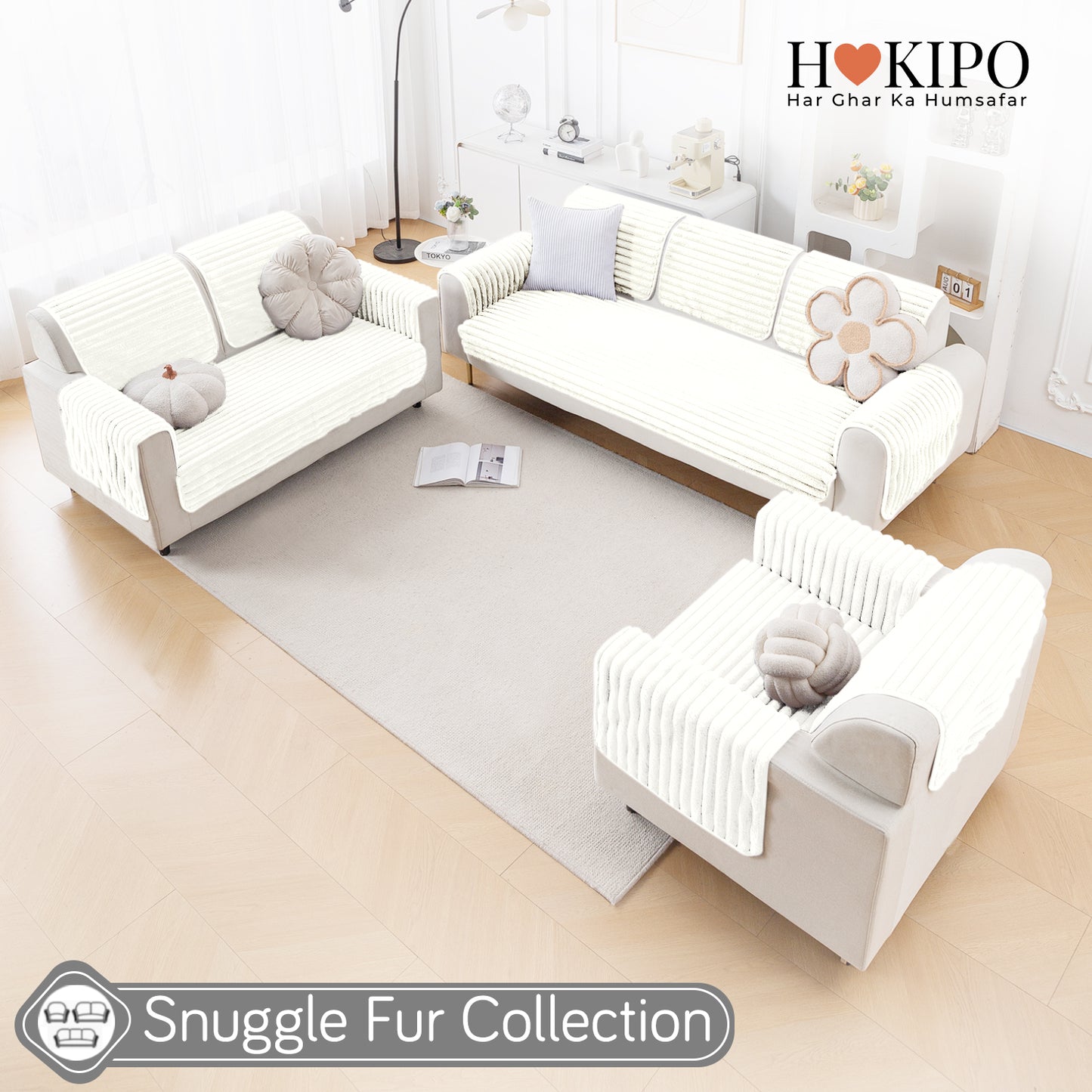 Faux Rabbit Fur Plush Anti-Slip Sofa Mat |Snuggle Fur Pearl White
