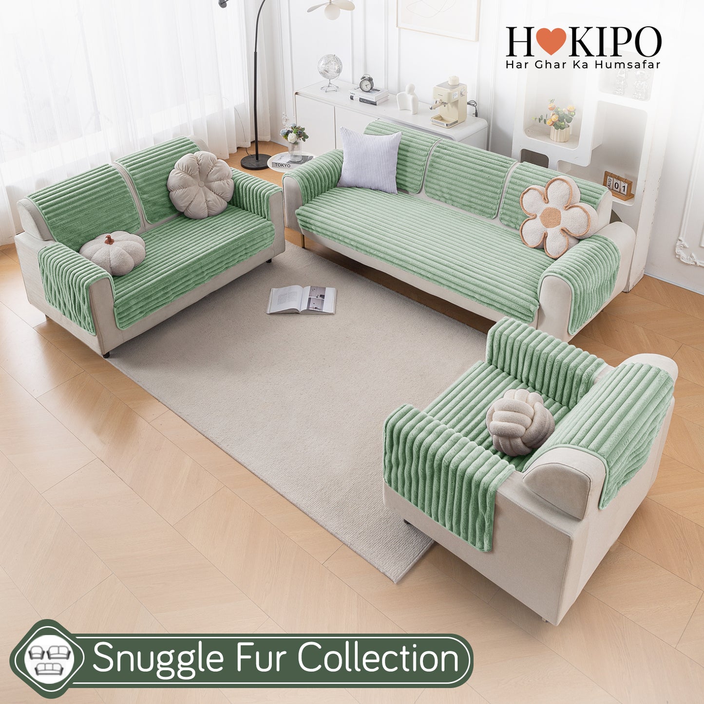Faux Rabbit Fur Plush Anti-Slip Sofa Mat |Snuggle Fur Sage Green