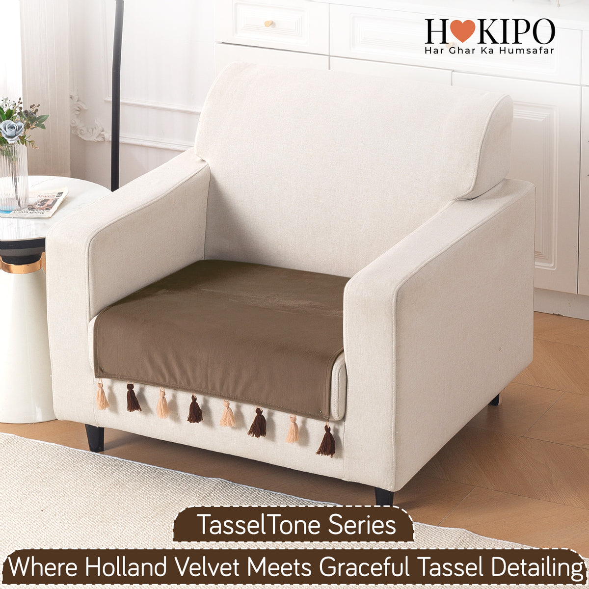 Tassel Tone Holland Velvet Sofa Cover Mat, Warm Taupe