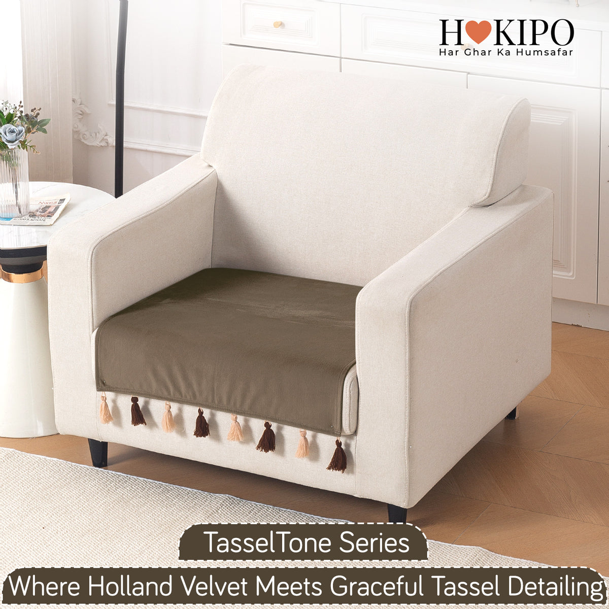 Tassel Tone Holland Velvet Sofa Cover Mat, Coffee Brown
