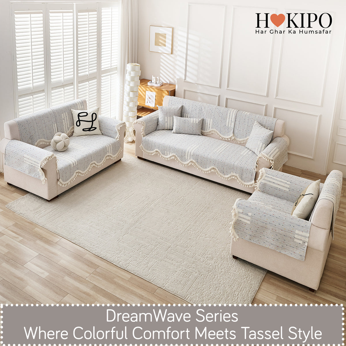 DreamWave Chenille with Tassels Sofa Cover Mat, Pearl Grey