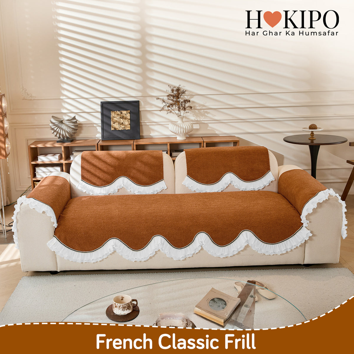 French Classic Frill Wavy Sofa Cover Mat, Copper Orange