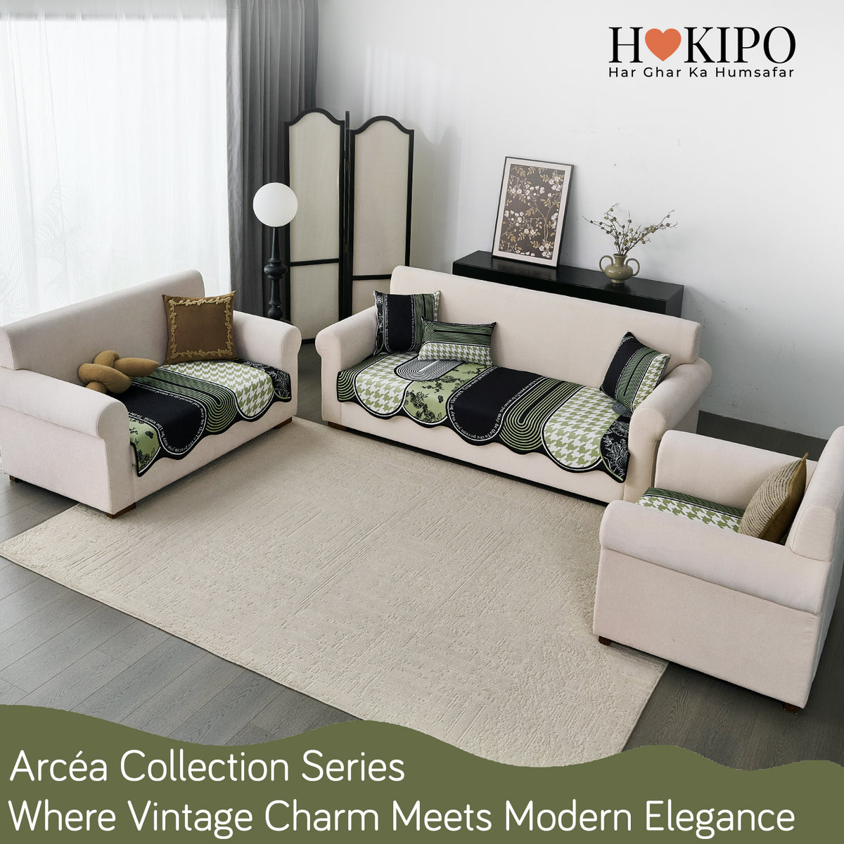 Arcea Chenille With Curved Edges Sofa Cover Mat, Sage Curve
