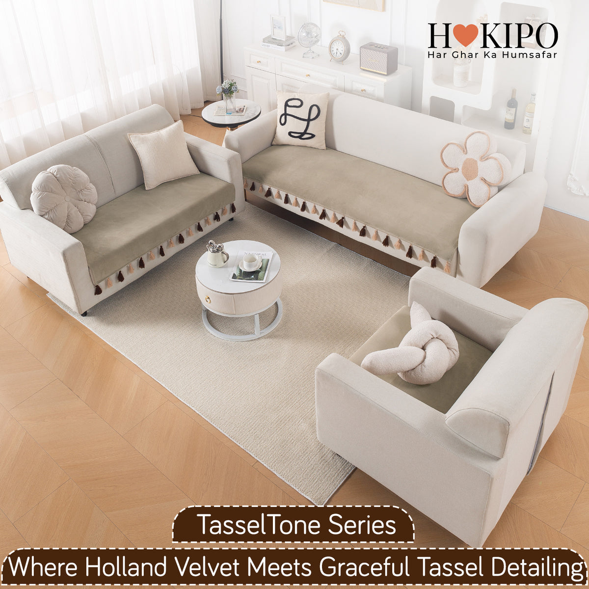 Tassel Tone Holland Velvet Sofa Cover Mat, Sand Beige