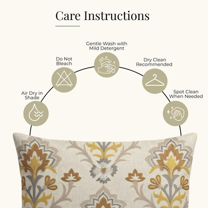 HOKIPO Heritage Bloom Embroidered Cushion Cover 16x16 in, Mustard & Ivory