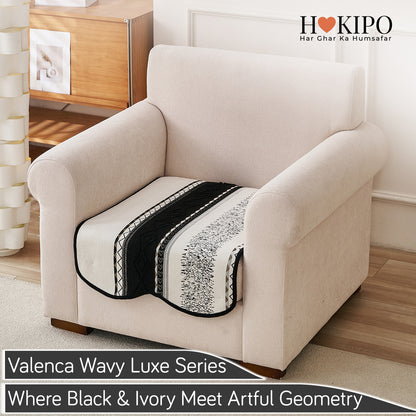 'Valenca Wavy Luxe Series' Boho Geometry Sofa Cover Mat, Midnight Black