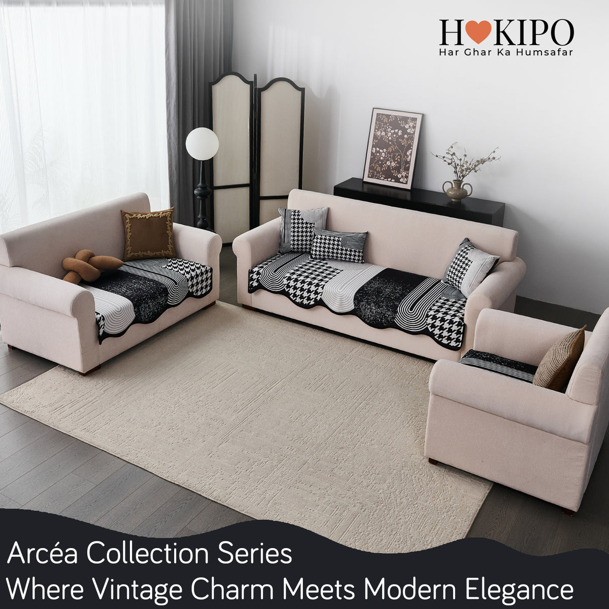 Arcea Chenille With Curved Edges Sofa Cover Mat, White Houndstooth