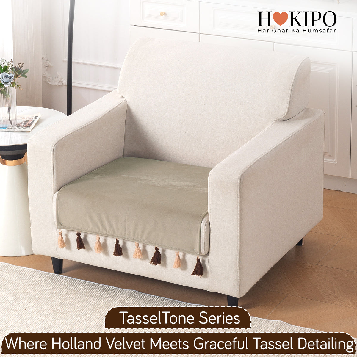 Tassel Tone Holland Velvet Sofa Cover Mat, Sand Beige