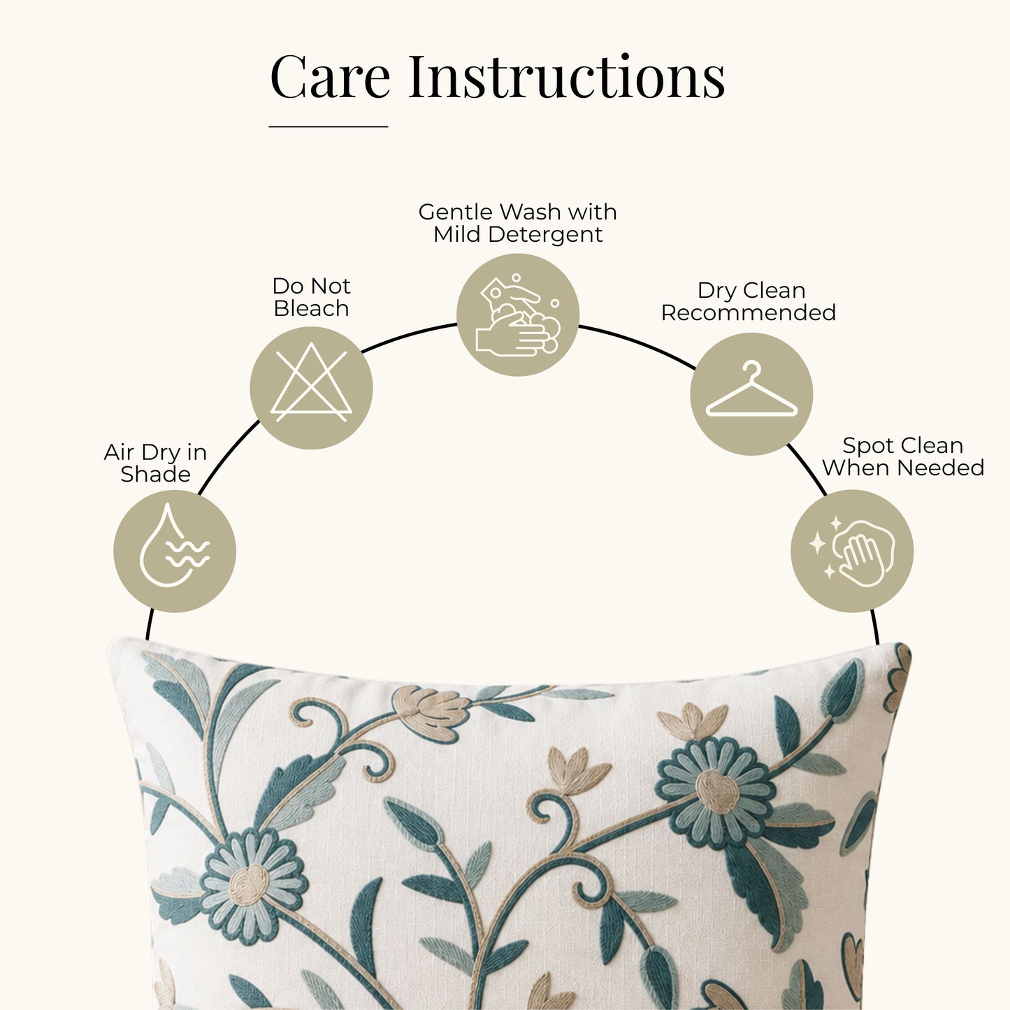 HOKIPO Floral Embroidered Cushion Cover 16x16 in, Teal & Beige