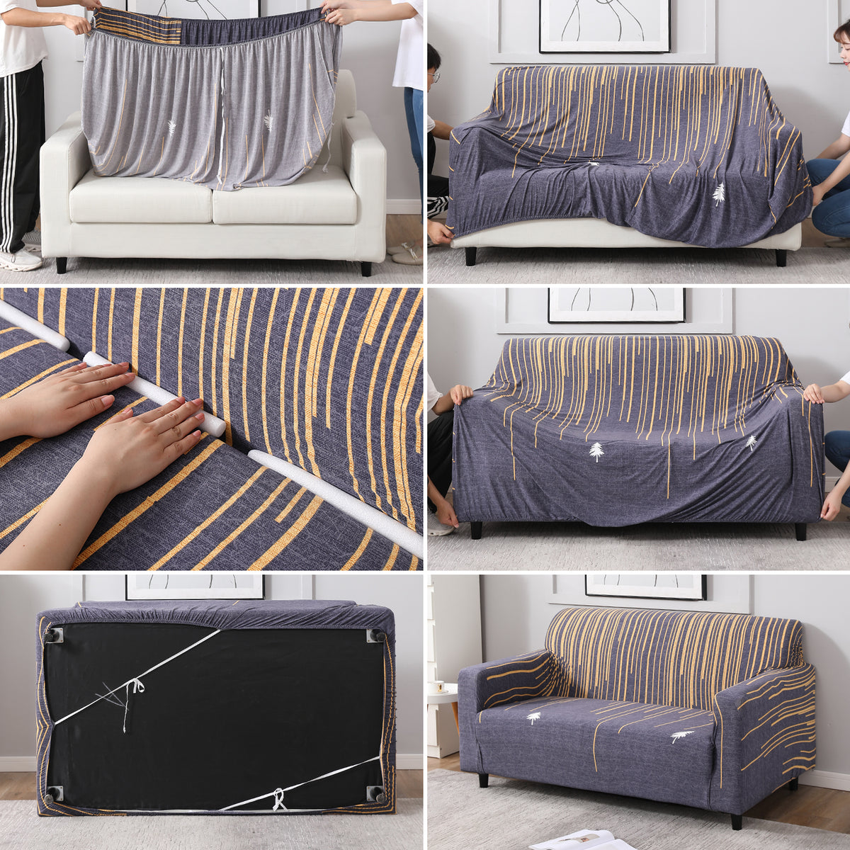 Step-by-step guide on How to put on Midnight Blue Lines elastic sofa cover