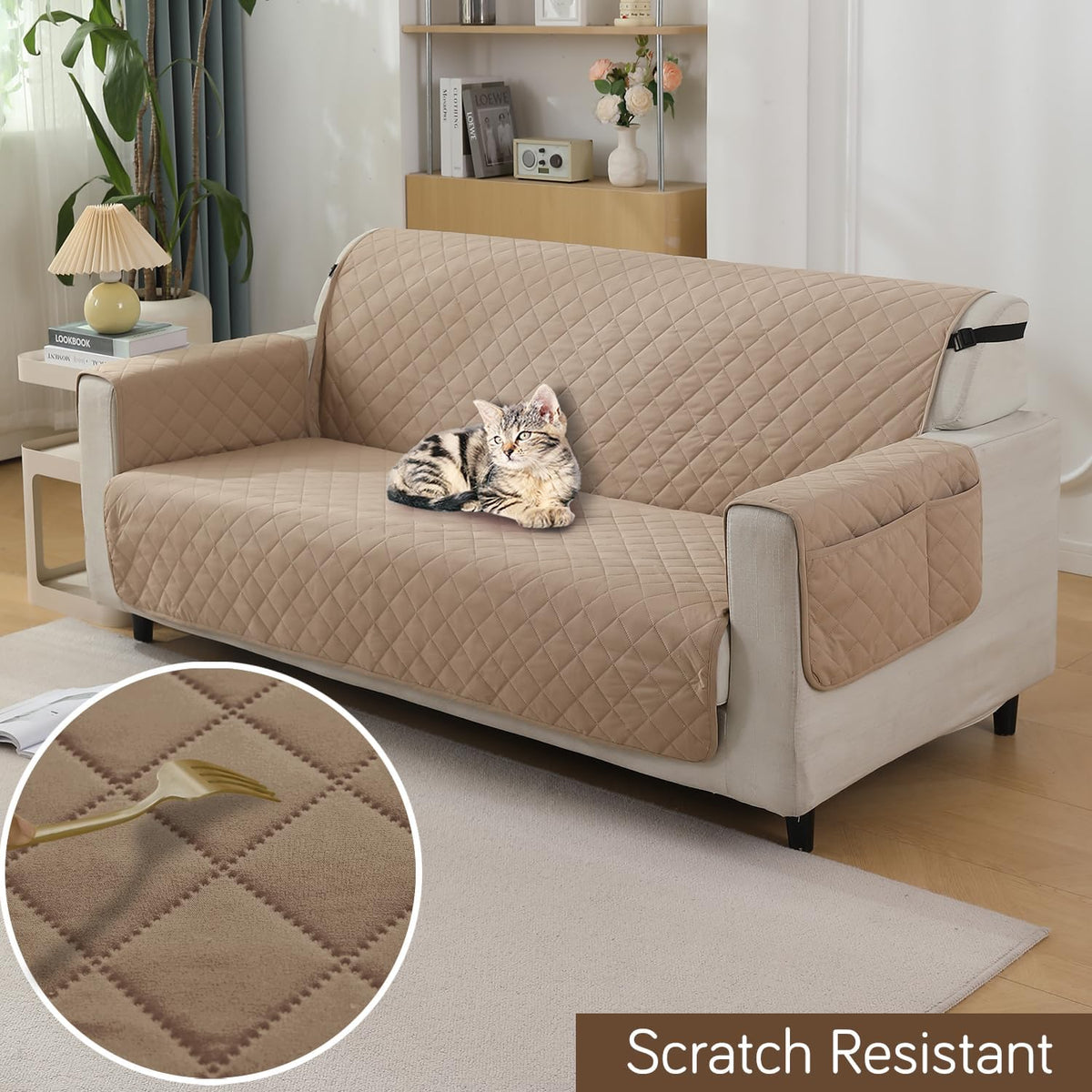 Beige colour three seater quilted waterproof sofa cover | Hokipo