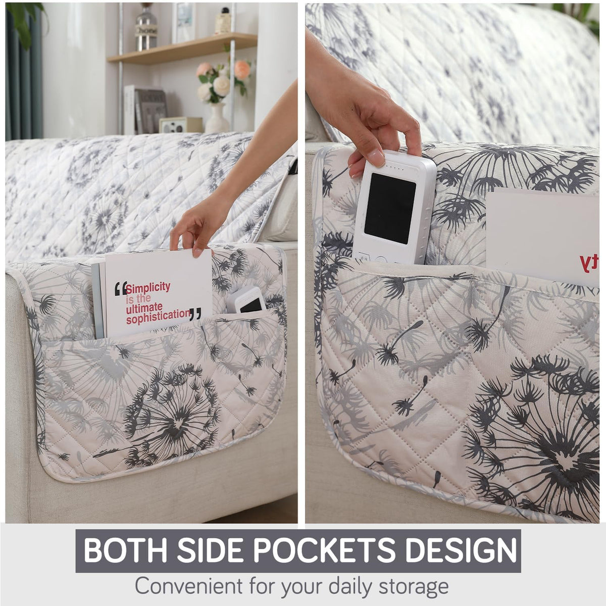 Quilted Waterproof Sofa Cover Mat with Pockets on Armrest Cover - Dandelion Anchor Grey