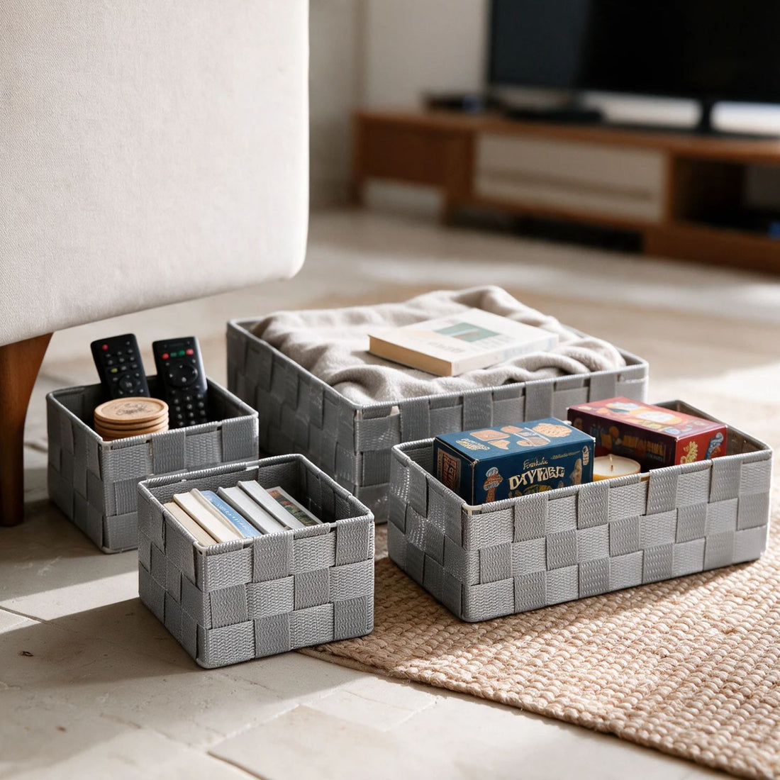 Grey nylon storage baskets in a living room