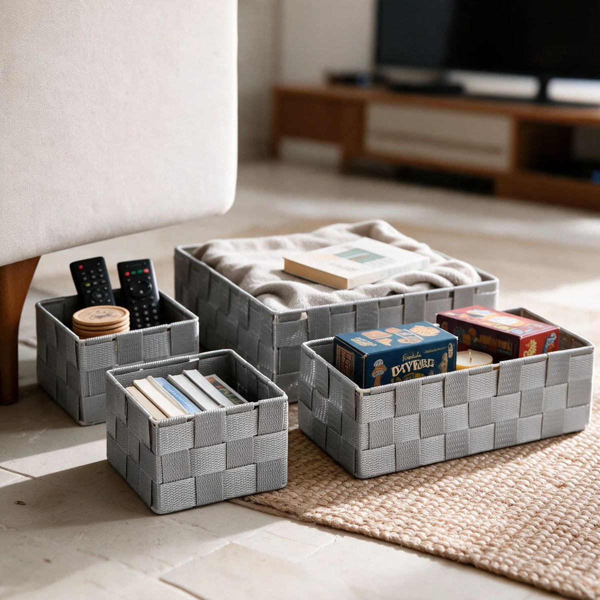 Grey nylon storage baskets in a living room