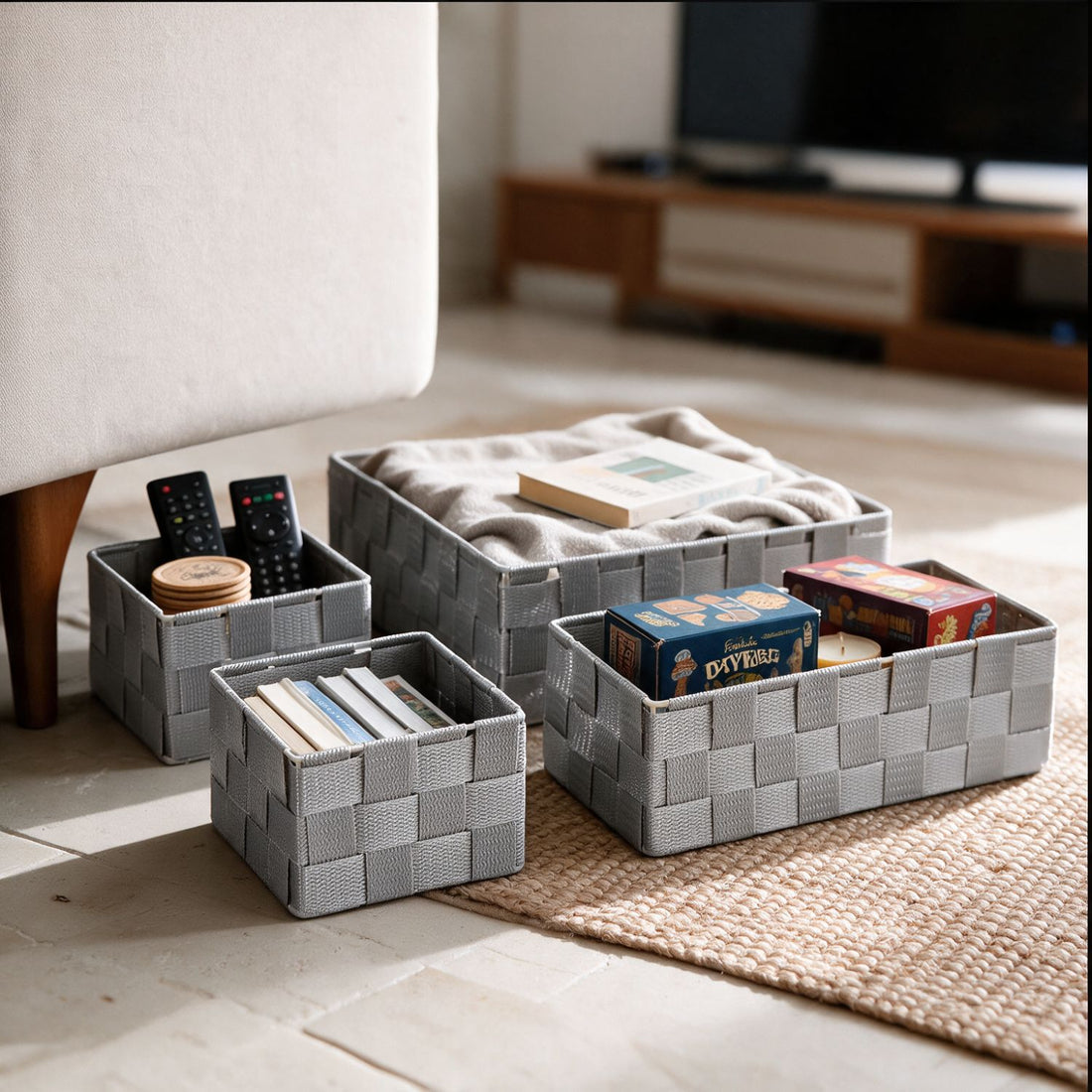 Grey nylon storage baskets in a living room