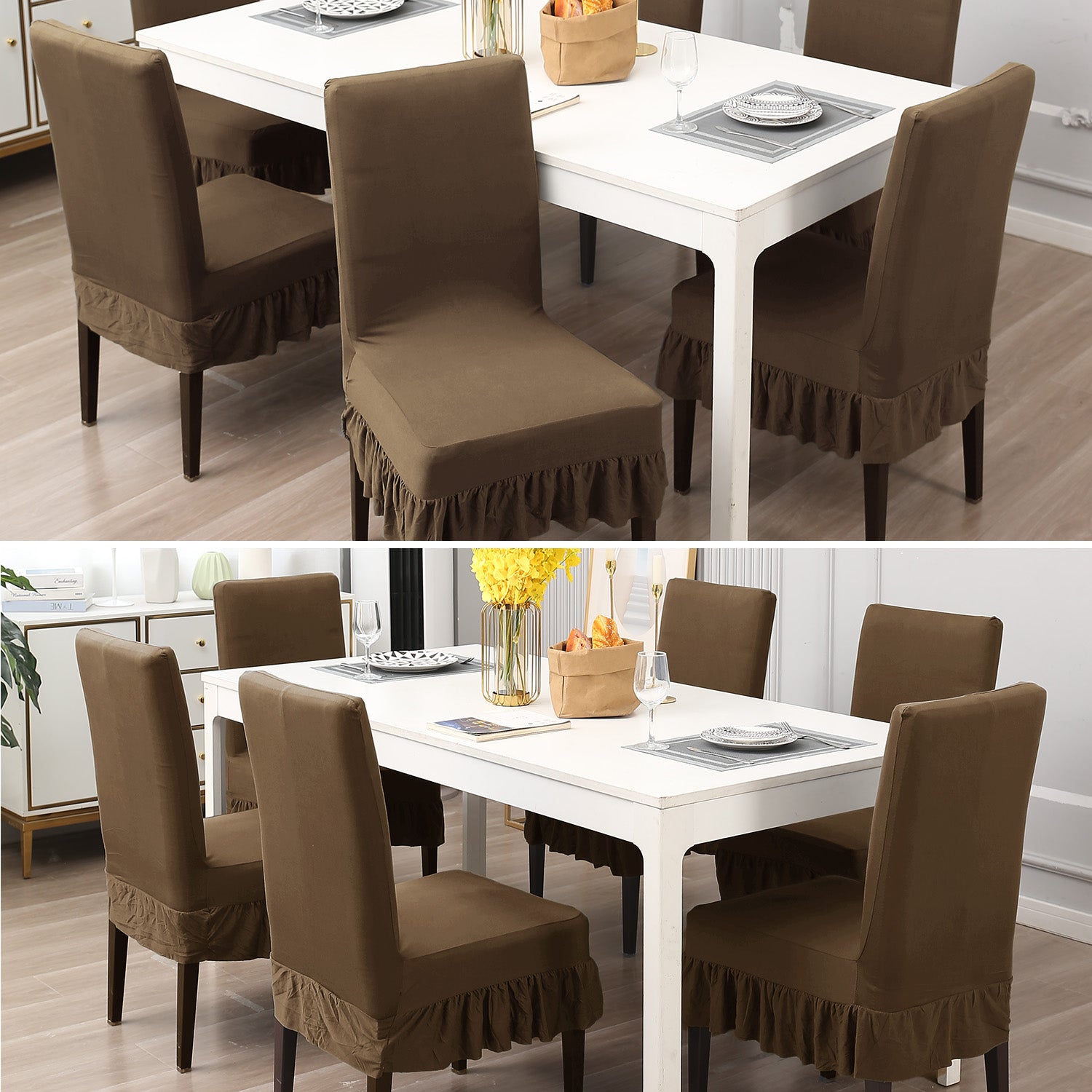 Elastic Stretchable Dining Chair Cover with Frill, Coffee Brown