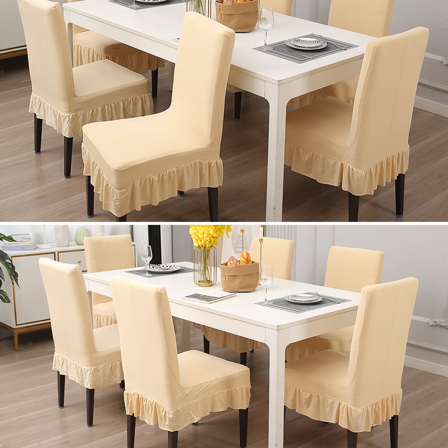 Elastic Stretchable Dining Chair Cover with Frill, Cream