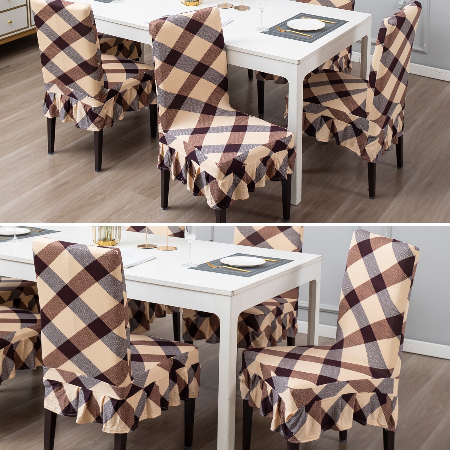 Elastic Stretchable Dining Chair Cover with Frill, Beige Checks