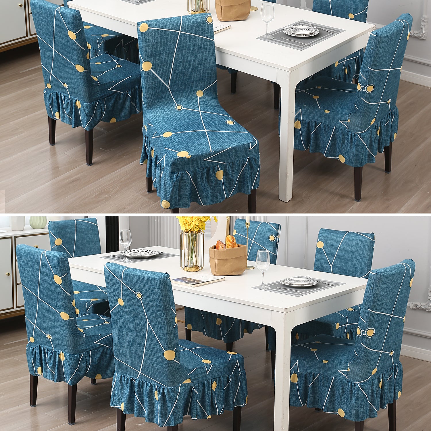 Elastic Stretchable Dining Chair Cover with Frill, Blue Constellation