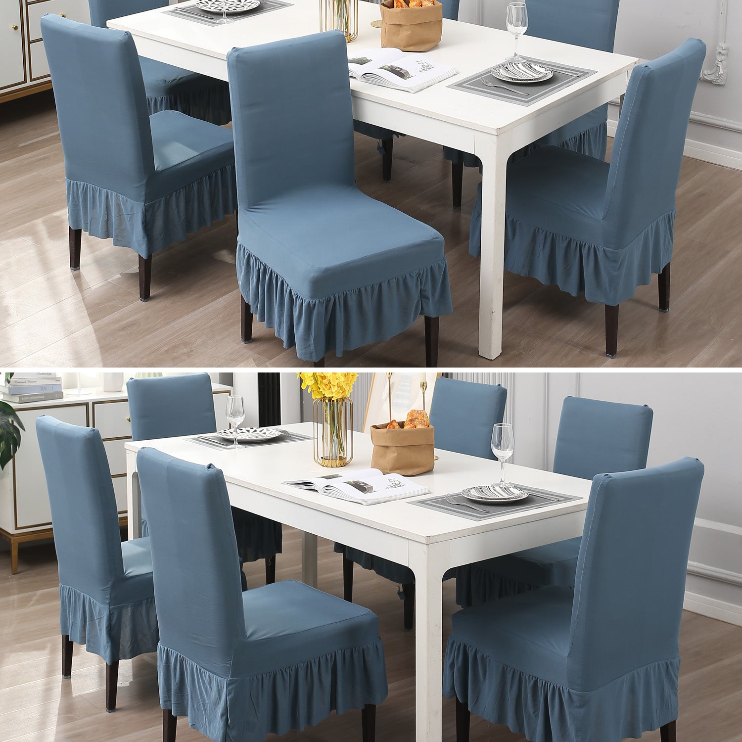 Elastic Stretchable Dining Chair Cover with Frill, Bluish Grey