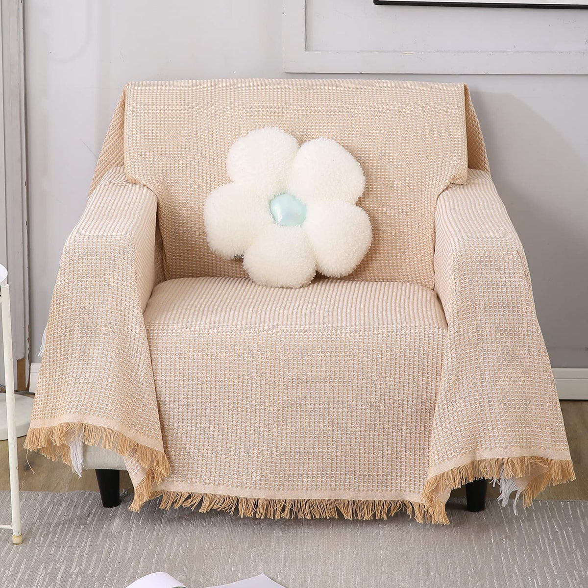 1 Seater elegant peach colour polycotton sofa throw of size 180(D)x180(L) 
