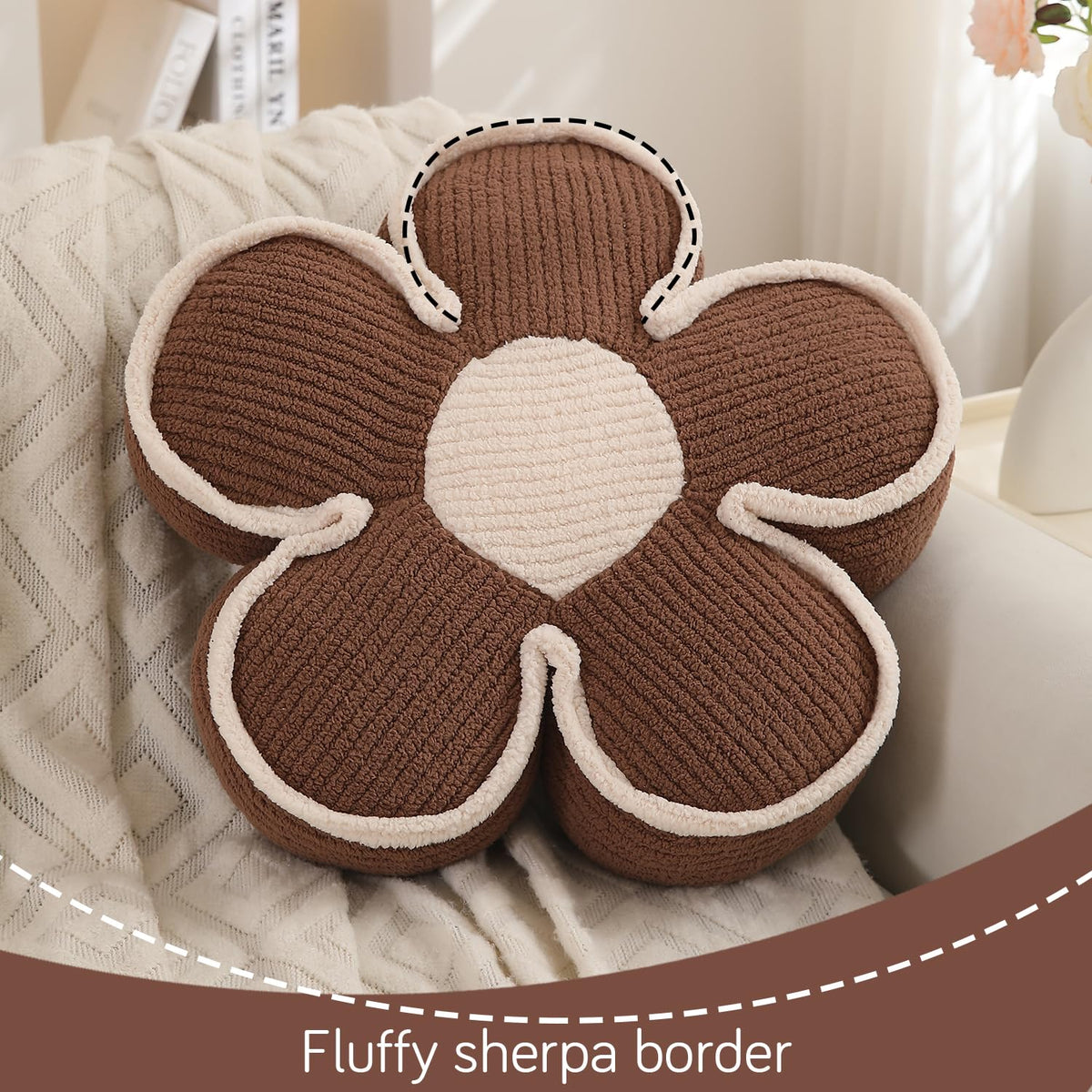 HOKIPO Plush Cotton Flower Cushion | Decorative Throw Pillow for Bed & Sofa - Cedar Brown