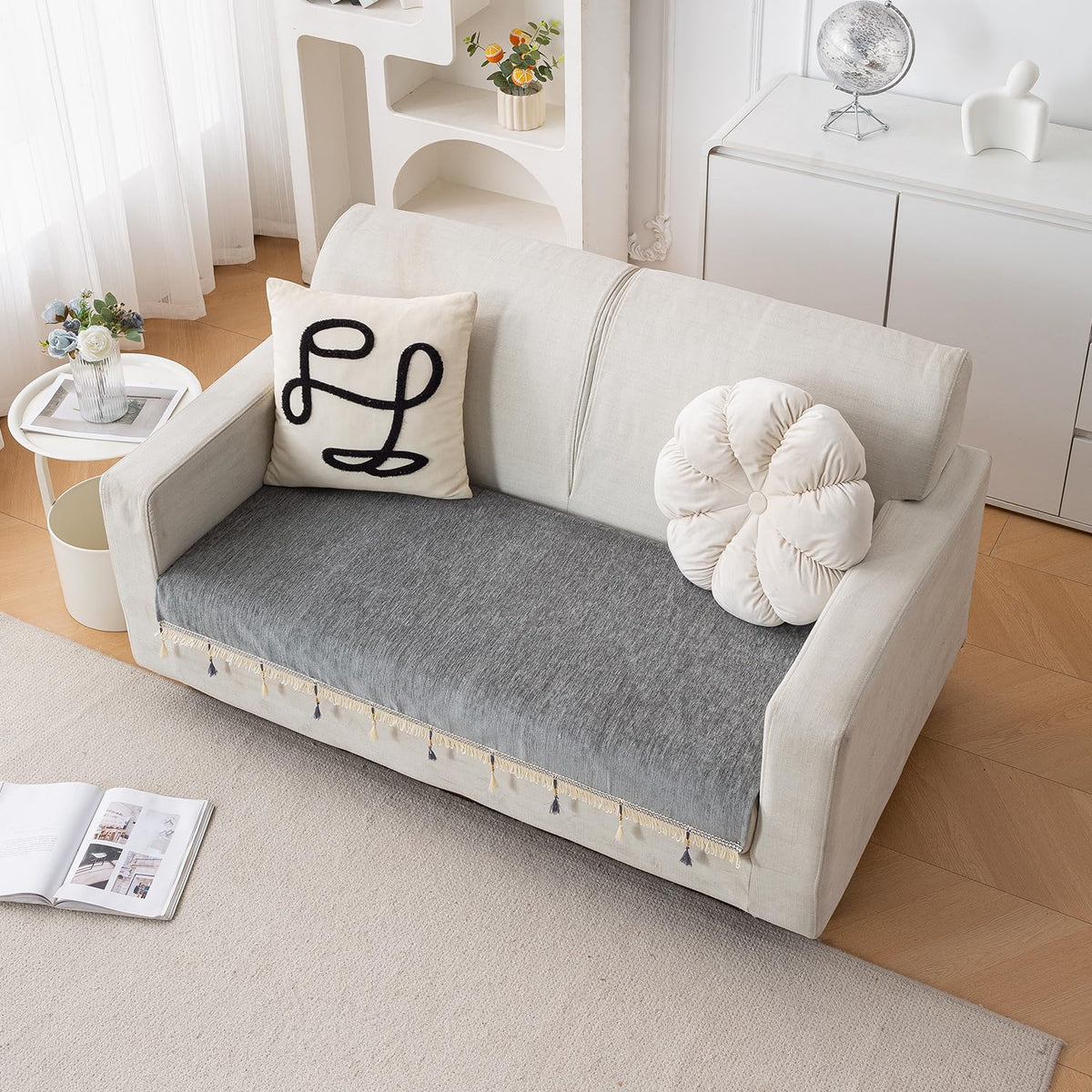 Serenity Tassel Chenille Sofa Cover with Tassel – Glacier Silver