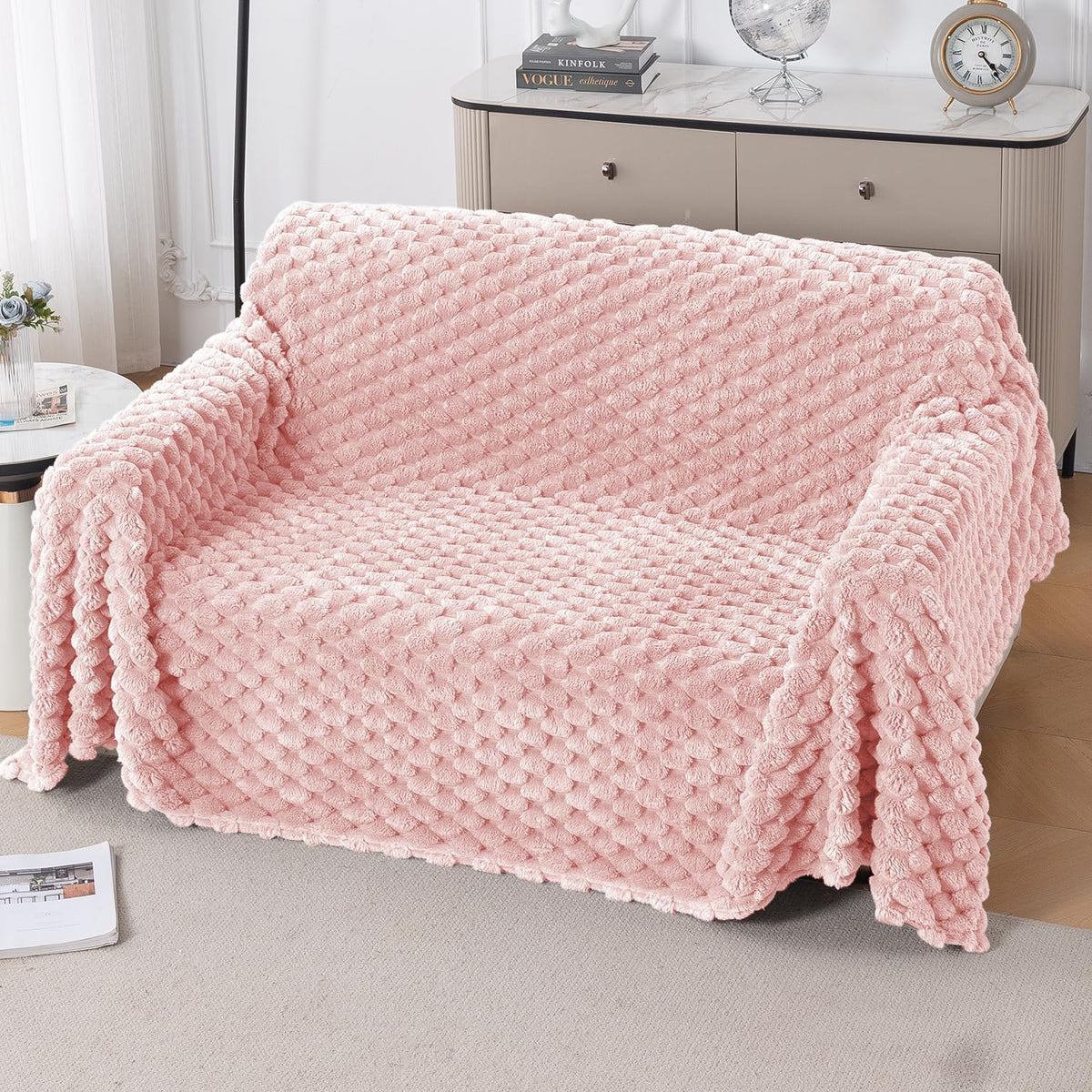 Luxury Rabbit Wool Plush Sofa Throw, Flamingo Pink