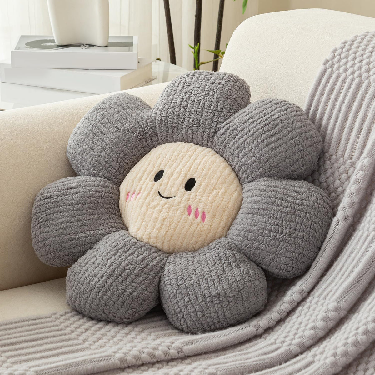 HOKIPO Smiley Daisy Flower Throw Pillow | Soft Plush Floral Cushion for Sofa, Couch & Bed | Cute Pillow for Kids Room & Home Décor - 46 cm, Pebble Grey (AR-6729-GRY)