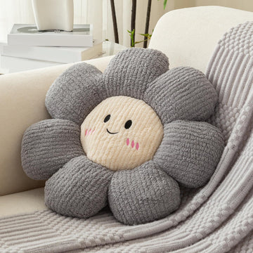 HOKIPO Smiley Daisy Flower Throw Pillow | Soft Plush Floral Cushion for Sofa, Couch & Bed | Cute Pillow for Kids Room & Home Décor - 46 cm, Pebble Grey (AR-6729-GRY)