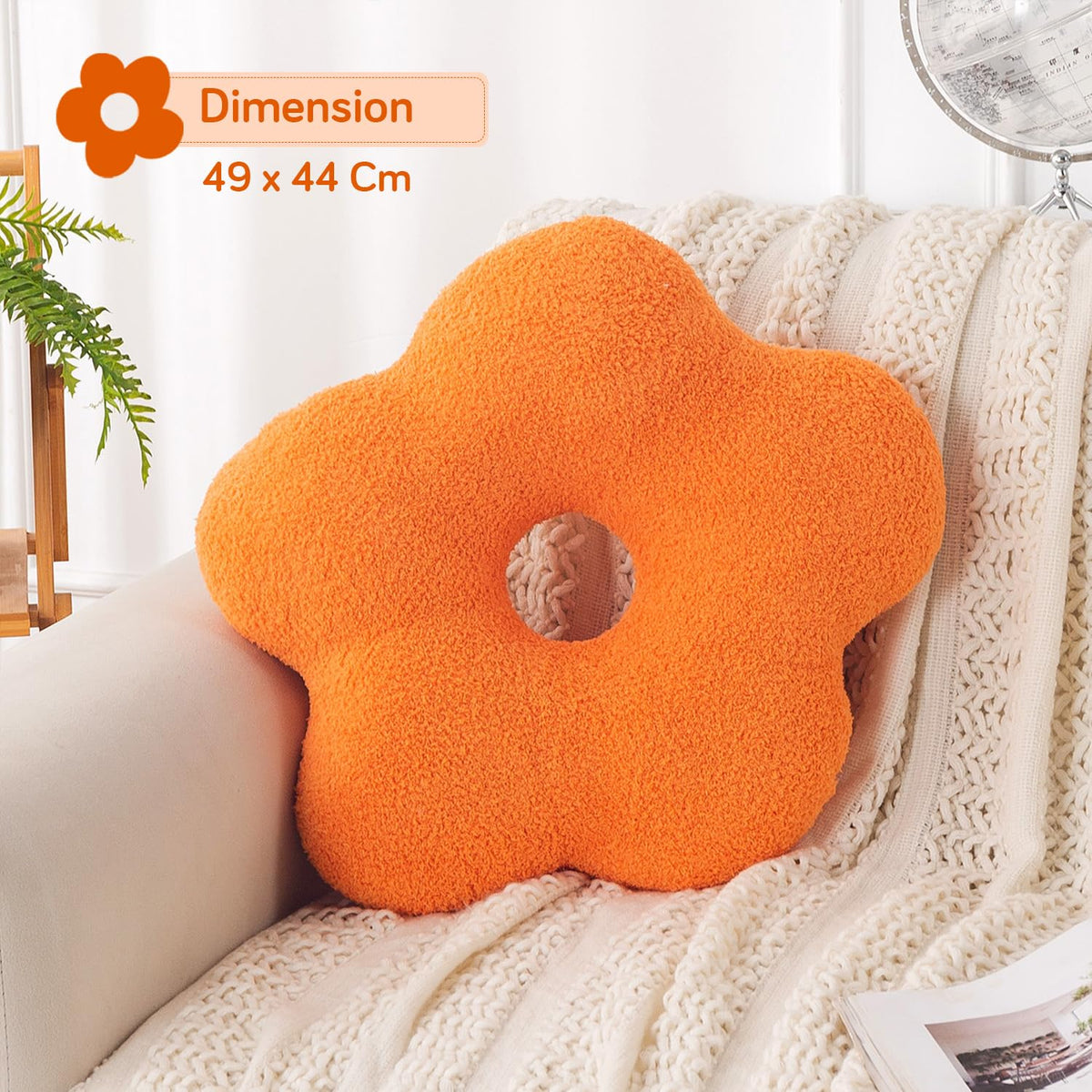 HOKIPO Flower Shaped Cushion for Sofa & Bed, 49 cm, Orange