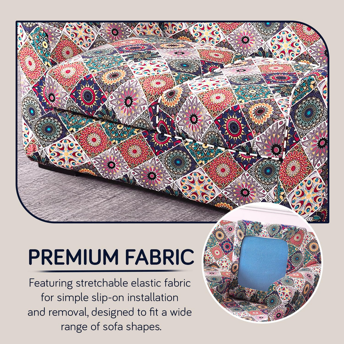 Printed Stretchable Sofa Slipcover with 1/2/3 Pc Separate Seat Cushion Cover for each 1/2/3 Seater, Spectrum Mosaic Magic