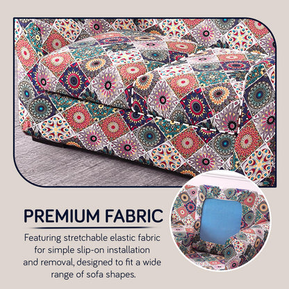 Printed Stretchable Sofa Slipcover with 1/2/3 Pc Separate Seat Cushion Cover for each 1/2/3 Seater, Spectrum Mosaic Magic