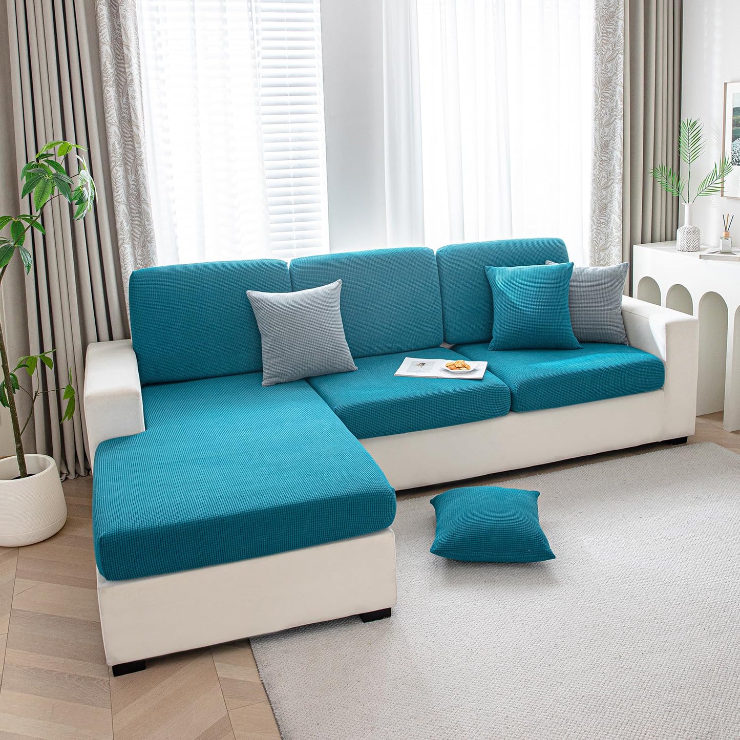 Stretchable Thick Jacquard Textured Seat Cushion Cover for 1/2/3 Seaters / Pieces for Sofa, Teal