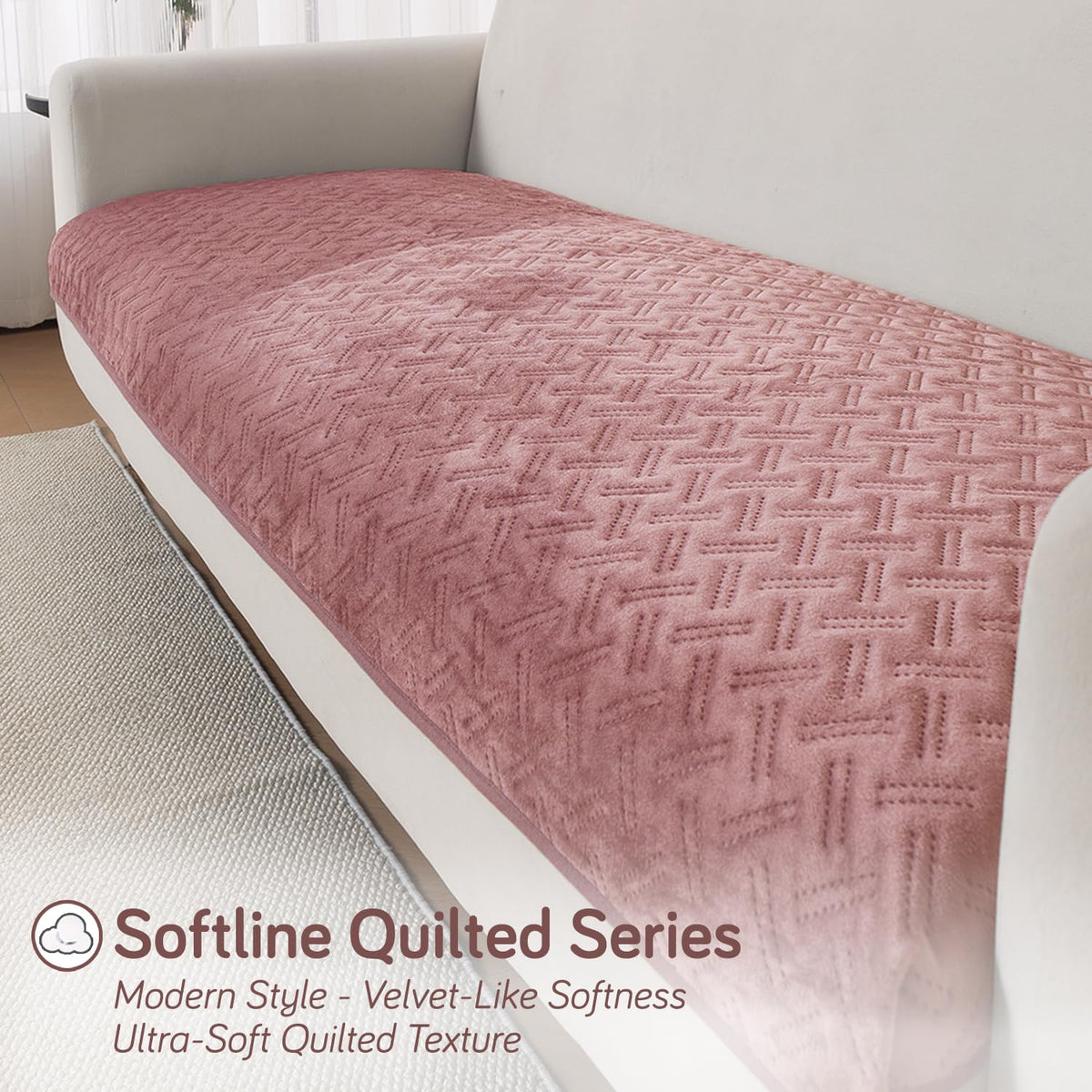 Premium Velvety Quilted Softline 5-Seater Sofa Cover (3+1+1), Dusty Rosepink
