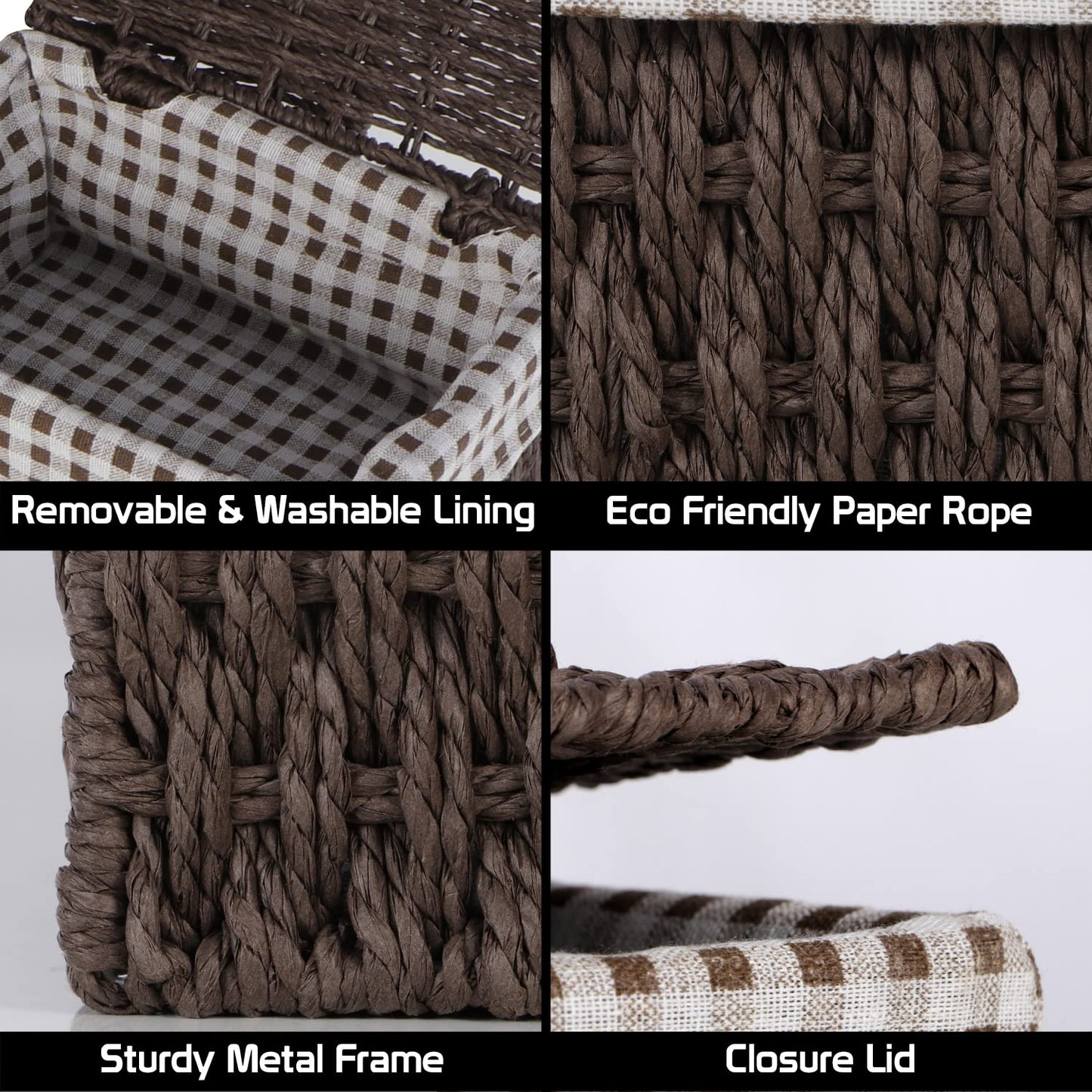 Environmental Friendly Paper Rope Wicker Storage Baskets with lid, Set of 3, Brown