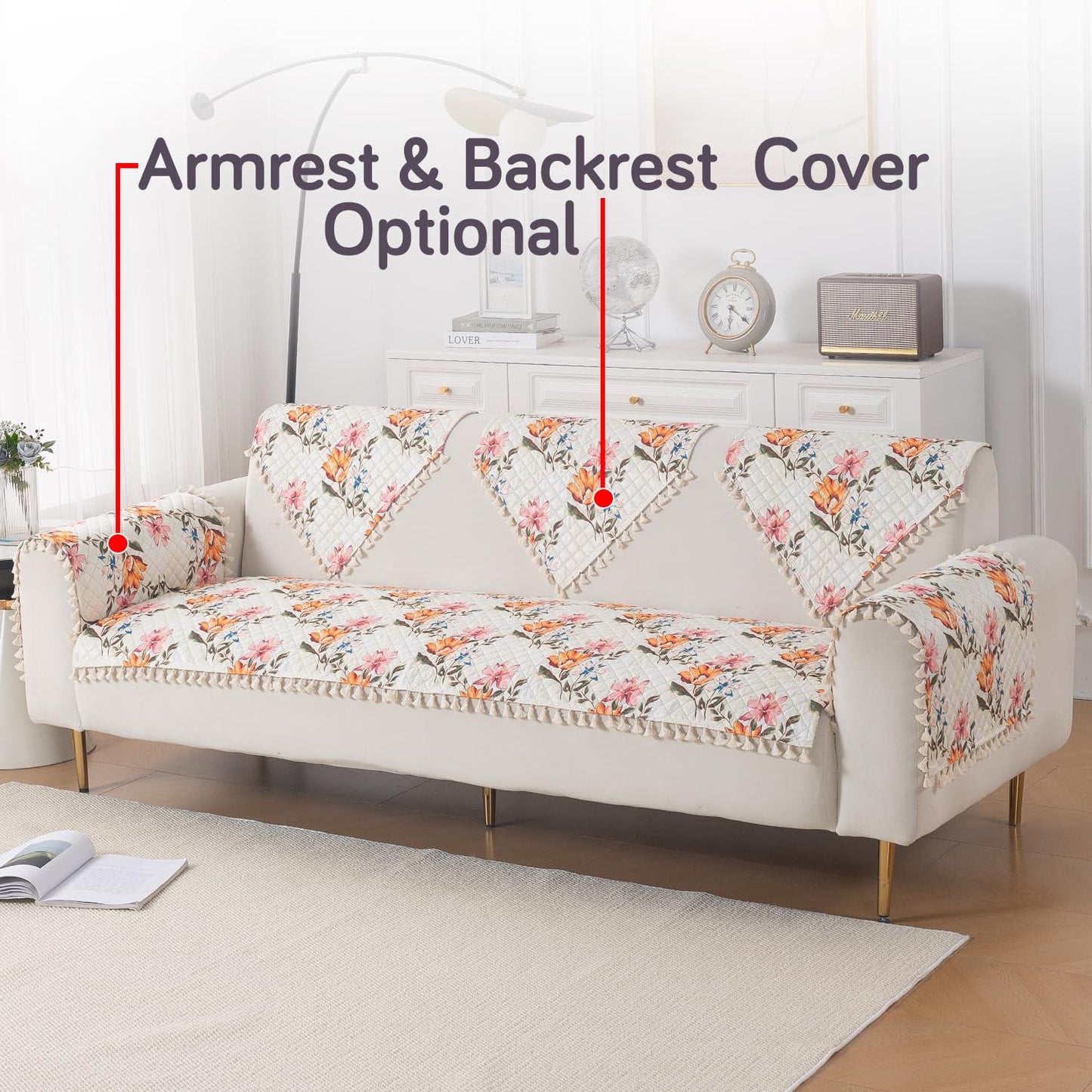 Quilted Sofa Seat Mat for 5-Seater Sofa (3+1+1), Tassel Twigs | Painterly Floral