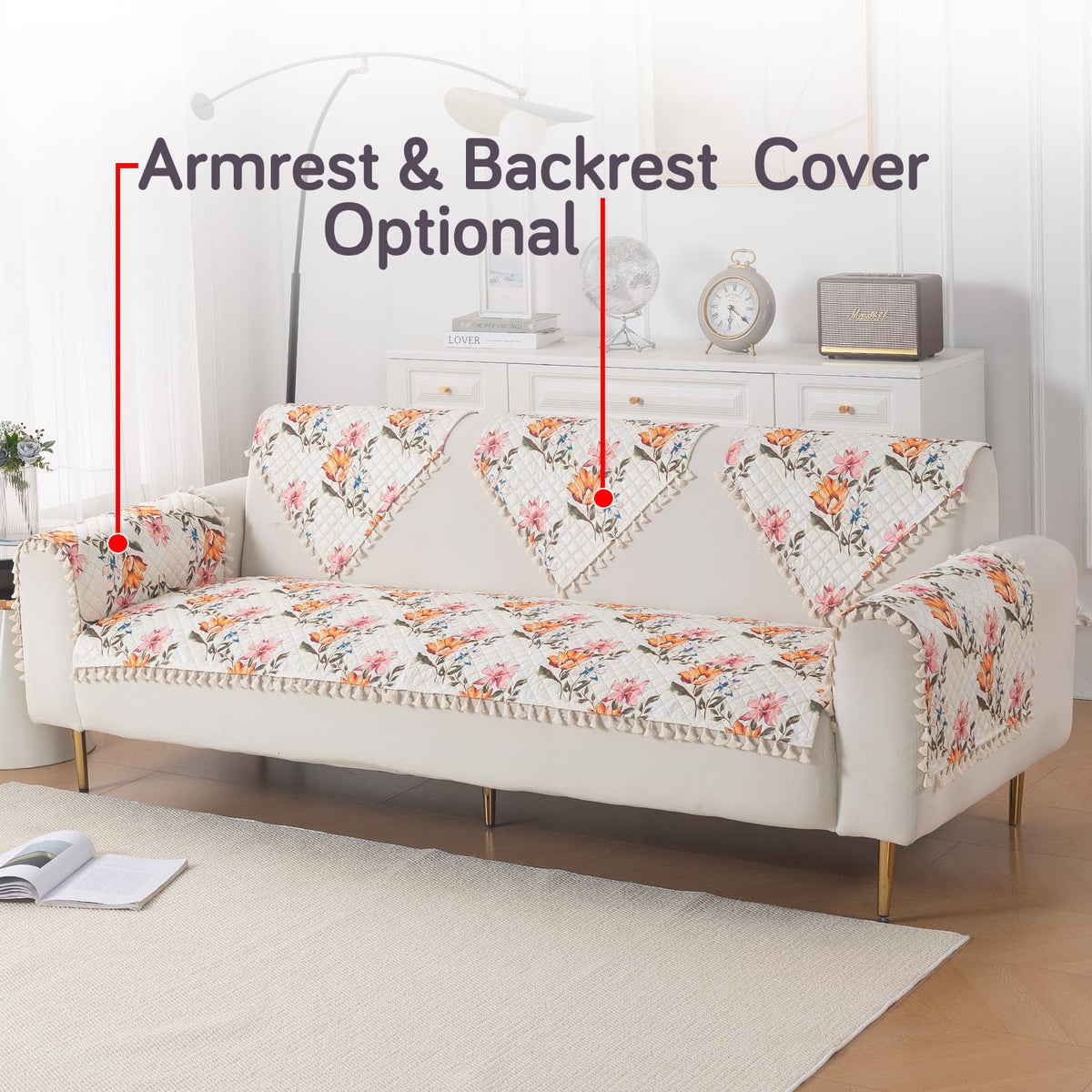 Quilted Sofa Seat Mat for 5-Seater Sofa (3+1+1), Tassel Twigs | Painterly Floral