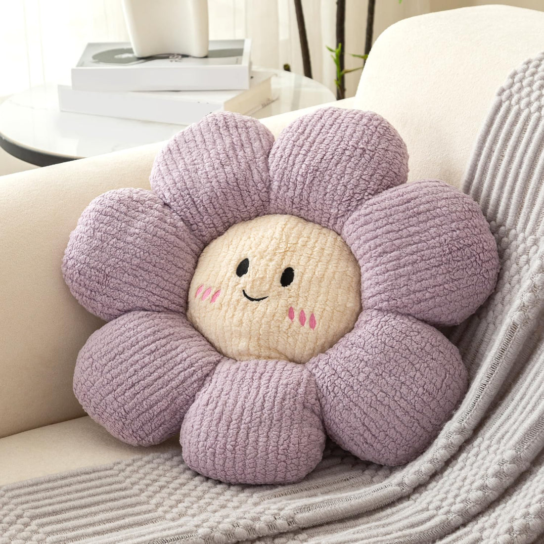 HOKIPO Cute Flower Plush Pillow | Soft Smiley Face Throw Cushion for Sofa, Couch & Bed | Fluffy Floral Pillow for Kids Room, Nursery & Home Décor | 46 cm, Lavender (AR-6729-LVNDR)