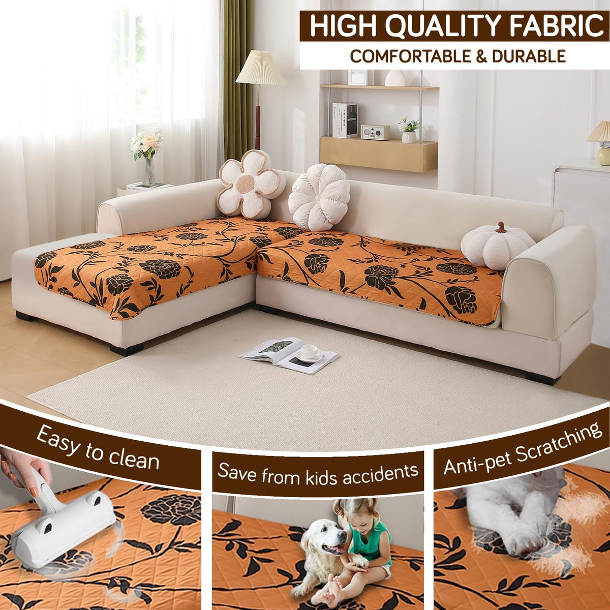 Waterproof Printed Quilted Quick Dry L Shape Sofa Seat Cover Mat, Copper Brown Floral