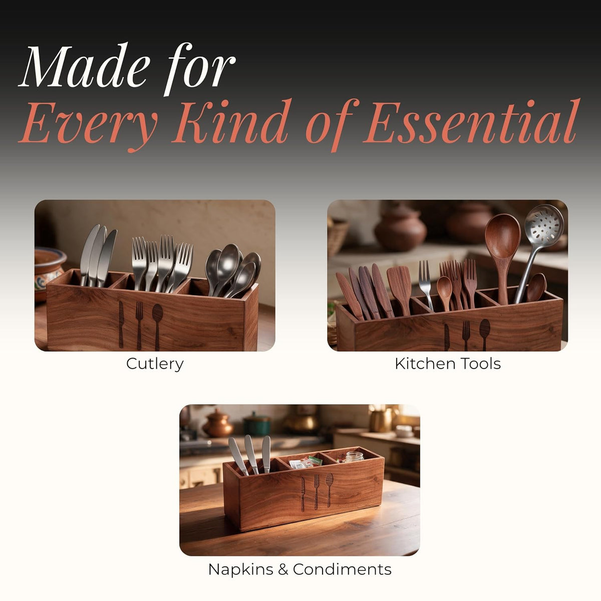 HOKIPO Arbor Acacia Wood Cutlery Holder, 3 Compartment Spoon Stand - image 6