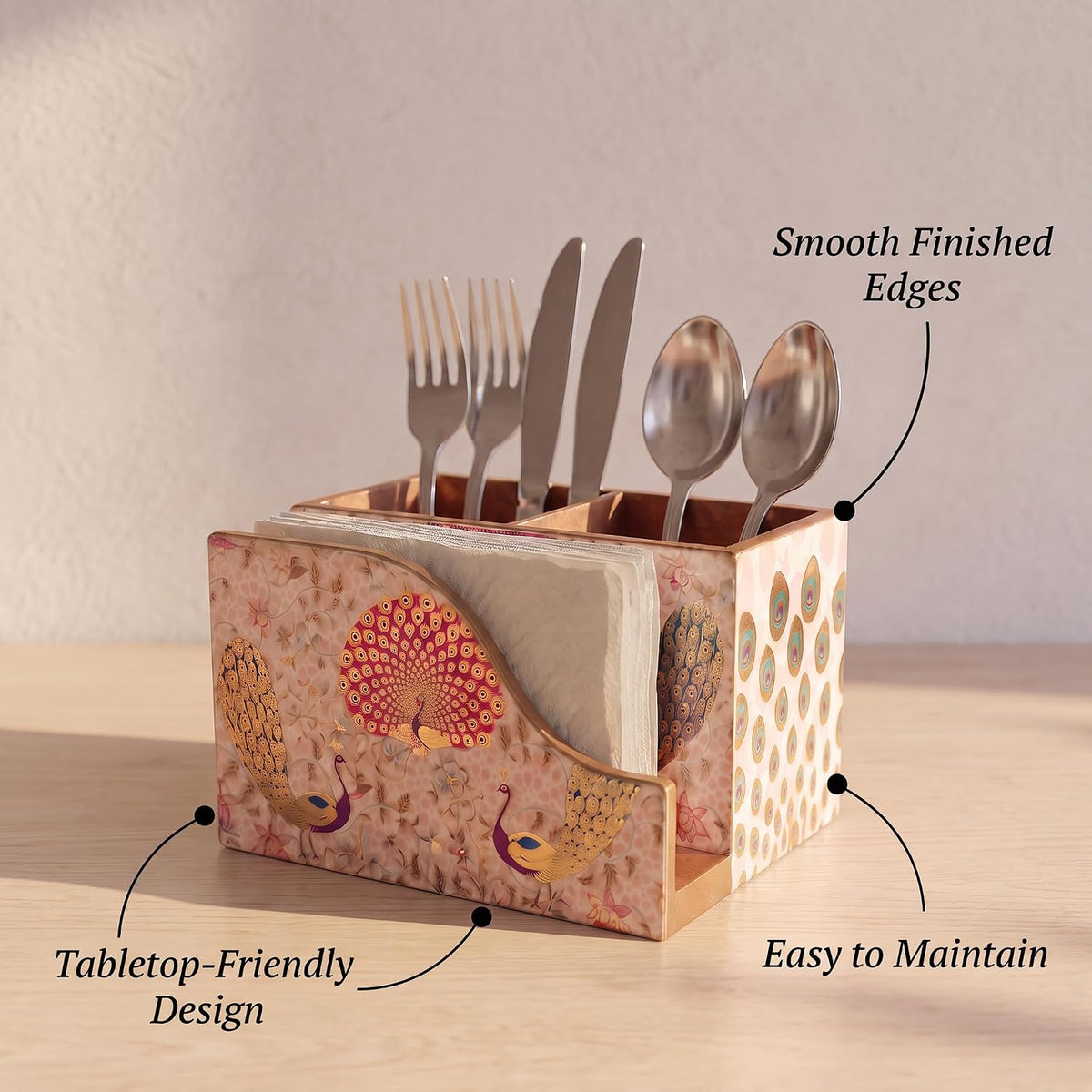 HOKIPO Cutlery Holder with Napkin Stand, Engineered Wood, Gulabi Mayurvan - image 3
